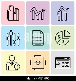 Ensemble de 9 icônes modifiable simple comme l'exportation de données avec une flèche, d'un coffre-fort, l'analyse de données, graphique de l'information sur l'argent, d'avertissement de l'utilisateur, Box plot cha Illustration de Vecteur