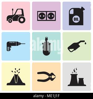 Ensemble de 9 icônes modifiable simple tels que du tissu de la vapeur, nipper, le volcan, la pompe, le gaz peut, percer, récipient d'huile, douille, autotruck, peut être utilisé pour le mobile, Illustration de Vecteur