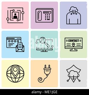 Ensemble de 9 icônes modifiable simple comme la protection, la fiche de réservation Mondial, Billboard, Moniteur, navigateur et courrier électronique, l'informatique en nuage, le téléphone, l'utilisateur, peuvent être Illustration de Vecteur