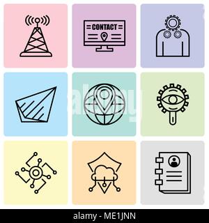 Ensemble de 9 icônes modifiable simple comme Contact book, Protection, CPU, voir l'espace réservé, monde, Envoyer, Paramètres, Panneau, antenne, peut être utilisé pour mob Illustration de Vecteur