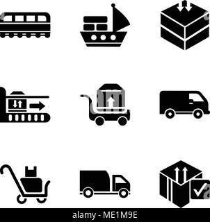 Ensemble de 9 icônes modifiable simple comme Delive, vérification de la boîte de camion de livraison, la livraison des paquets sur un trolley, noir livraison petit camion vue latérale, Illustration de Vecteur