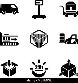 Ensemble de 9 icônes comme modifiable simple cube livraison box avec quatre flèches dans différentes directions, 24 heures de livraison, livraison, emballage Illustration de Vecteur