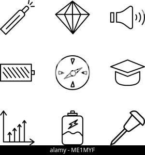 Ensemble de 9 icônes modifiable simple comme l'épingle, la charge de la batterie, bénéficier de l'outil graphique, ajouter, boussole, le niveau de la batterie, haut-parleurs muets, Diamond, batterie lev Illustration de Vecteur