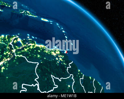 Vue satellite de Caraïbes en rouge sur la planète Terre la nuit avec des filets et les lumières de la ville. 3D illustration. Éléments de cette image di Banque D'Images