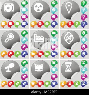 Gramophone, Rayonnement, Checkpoint, loupe, graphique, Recharger, Microphone, tambour, icône de signe de sablier. Un ensemble de soixante deux boutons ronds colorés Illustration de Vecteur