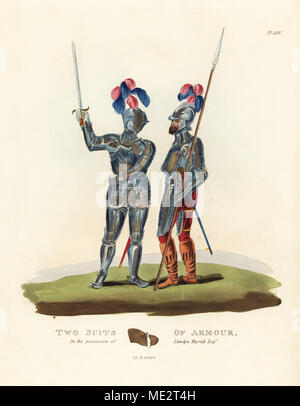 Deux armures, 1540, en la possession de Llewelyn Meyrick. Armure cannelé et bourgoinot casque du Roi Ferdinand des Romains (à gauche), et gravé armure italienne avec brassarts vambraces, coude et pièces (à droite). Lithographie coloriée par Maddocks après une illustration par S.R. Sir Samuel de Meyrick Meyrick Rush d'un enquête sur Antient Armor, John Dowding, Londres, 1842. Banque D'Images