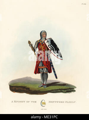 Un chevalier de la famille, 1286 Montford. Il porte une cotte de haubert avec surcoat emblèmes héraldiques, l'épée dans le fourreau à la ceinture, et porte un bouclier et mace avec armoiries. L'surcoat blason montre un sergent griffon de manger un enfant d'or, et l'écu un lion dévorant un enfant. Lithographie coloriée par Maddocks après une illustration par S.R. Sir Samuel de Meyrick Meyrick Rush d'un enquête sur Antient Armor, John Dowding, Londres, 1842. Banque D'Images