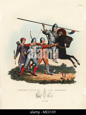 Norman Knight et archers, 1066. Chevalier à cheval avec lance portant des armures et mascled l'un des équipiers d'en télévision-ringed maille armure. Lithographie coloriée après une illustration par S.R. Sir Samuel de Meyrick Meyrick Rush d'un enquête sur Antient Armor, John Dowding, Londres, 1842. Banque D'Images