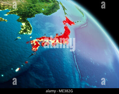 Vue Satellite matin du Japon a souligné en rouge sur la planète Terre. 3D illustration. Éléments de cette image fournie par la NASA. Banque D'Images