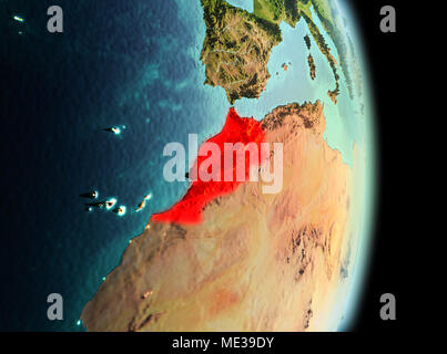 Voir tôt le matin du Maroc a souligné en rouge sur la planète Terre. 3D illustration. Éléments de cette image fournie par la NASA. Banque D'Images