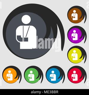 Bras cassé, l'invalidité se déconnecter icône. Symbole sur huit boutons de couleur. Vector illustration Illustration de Vecteur