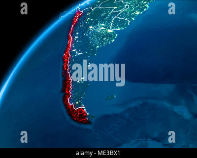 Le Chili a souligné en rouge à partir de l'orbite de la terre dans la nuit avec un visible frontières du pays. 3D illustration. Éléments de cette image fournie par la NASA. Banque D'Images