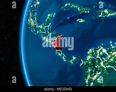 Vue de l'orbite de l'espace du Nicaragua a souligné en rouge sur la planète Terre la nuit avec d'autre des frontières visibles et les lumières de la ville. 3D illustration. Éléments de t Banque D'Images