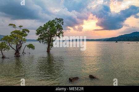 Chidiya Tapu beach sunset avec moody sky et de l'eau reflet, Port Blair, Andaman en Inde. Banque D'Images