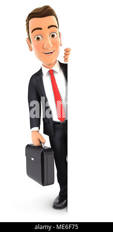 Homme d 3d avec valise derrière mur vierge, illustration avec fond blanc isolé Banque D'Images