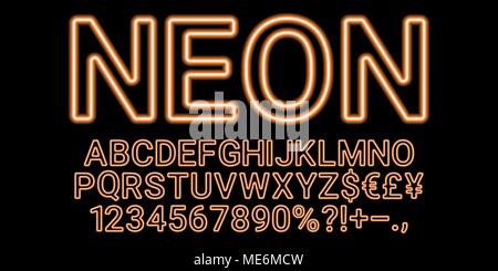 Neon font en orange. Vector collection of latin des lettres de néon, néon alphabet composé de lignes sur le fond sombre Illustration de Vecteur