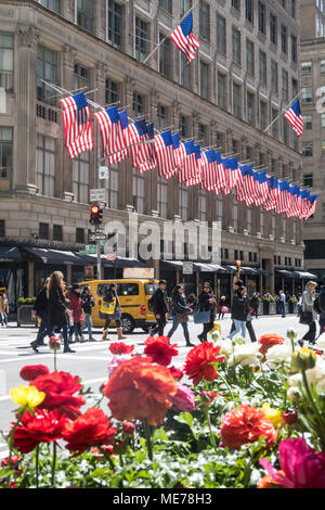 Des drapeaux américains et fleurs de printemps à Saks Fifth Avenue, New York, USA Banque D'Images