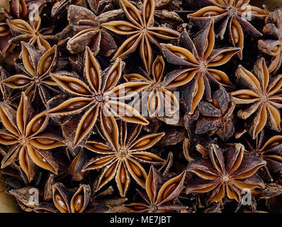 La texture de fond de plusieurs fruits et graines d'anis étoilé. Banque D'Images
