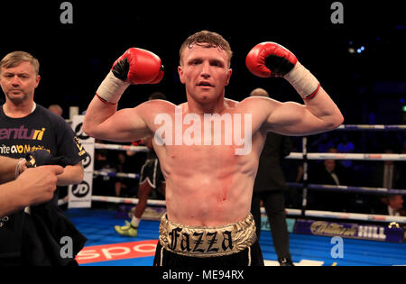 Tom Farrell célèbre remportant le concours d'Super-Lightweight à l'Echo Arena, Liverpool. ASSOCIATION DE PRESSE Photo. Photo date : Samedi 21 Avril, 2018. Voir l'activité de boxe histoire de Liverpool. Crédit photo doit se lire : Peter Byrne/PA Wire. Banque D'Images