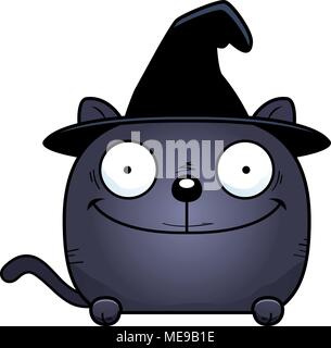 Illustration d'une caricature d'un chat dans un chapeau de sorcière jeter sur un objet. Illustration de Vecteur