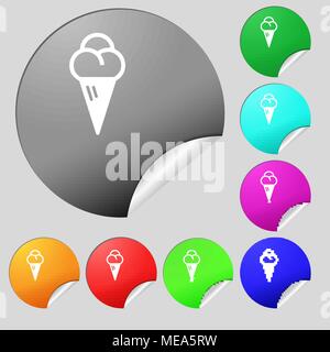 L'icône de la crème glacée signe. Ensemble de huit boutons ronds multicolores, autocollants. Vector illustration Illustration de Vecteur