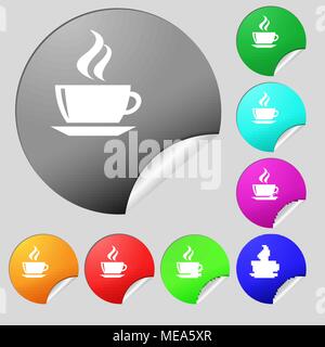 Thé, café signe l'icône. Ensemble de huit boutons ronds multicolores, autocollants. Vector illustration Illustration de Vecteur