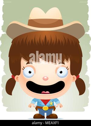 Un heureux cartoon girl cowboy standing and smiling. Illustration de Vecteur