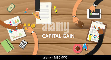 Gain en capital illustration concept avec le travail d'équipe avec du papier document de travail graphique et tableau avec de l'argent sur le dessus de la table en bois vector Banque D'Images