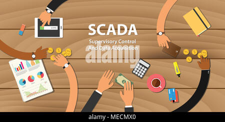 Contrôle de supervision scada et d'acquisition de données illustration le travail d'équipe avec main sur table en bois avec de l'argent papier graphique vectoriel de pièce d'or travail Banque D'Images