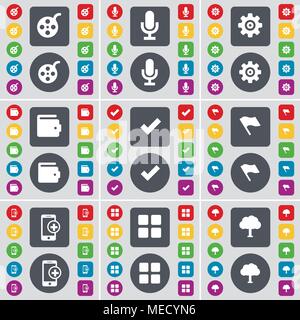 Fenêtre, Microphone, engins, Wallet, Tick, drapeau, Smartphone, Apps, icône de l'arbre symbole. Un grand ensemble de télévision, boutons de couleur pour votre conception. Vector illustr Illustration de Vecteur