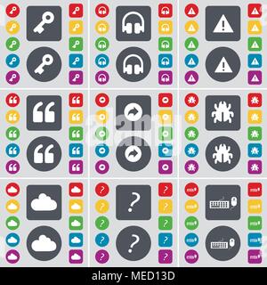 Clé, écouteurs, Avertissement, pour bien marquer, Dos, Bug, nuage, Question mark, symbole icône de clavier. Un grand ensemble de télévision, boutons de couleur pour votre conception. Illustration de Vecteur