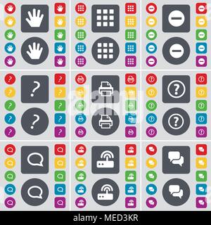 Part, Apps, moins, point d'interrogation, de l'imprimante, le point d'interrogation, Chat cloud, routeur, symbole de l'icône de Chat. Un grand ensemble de télévision, boutons de couleur pour votre conception. Illustration de Vecteur
