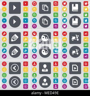 Media lire, copier, Dictionnaire, crayon, Yin-Yang, Scooter, Flèche vers la gauche, Avatar, l'icône de lecture média symbole. Un grand ensemble de télévision, boutons de couleur pour votre des Illustration de Vecteur