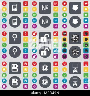 Mobilephone, numéro de badge, Checkpoint, verrou, Ball, de la carte SIM, le stationnement, l'icône de la console de jeux Symbole. Un grand ensemble de télévision, boutons de couleur pour votre conception. Illustration de Vecteur