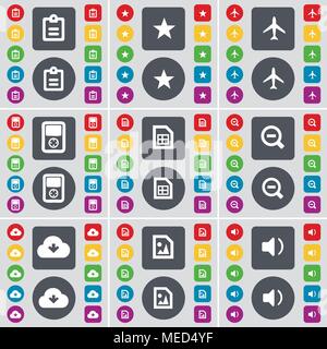 Sondage, Star, avion, MP3 player, fichier, moins, nuage, icône son symbole. Un grand ensemble de télévision, boutons de couleur pour votre conception. Vector illustration Illustration de Vecteur