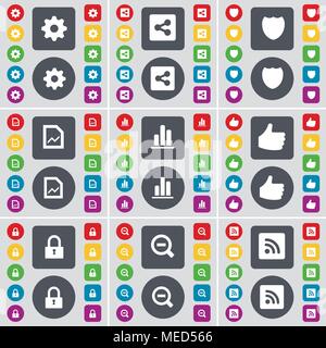Pignon, de partager, d'un insigne, fichier graphique, diagramme, comme, verrou, moins, symbole de l'icône RSS. Un grand ensemble de télévision, boutons de couleur pour votre conception. Vector illustration Illustration de Vecteur