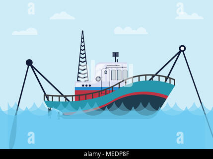 Bateau de pêche sur la mer avec l'océan bleu et télévision graphique vectoriel style illustration Banque D'Images