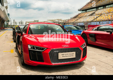 La queue de l'Audi R8 V10 Coupé voitures performantes sur la grille de départ à une expérience de conduite Audi, qui se tenait sur le Circuit International de Shanghai. Banque D'Images