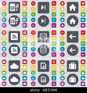 Le président, Média passer, chambre, rss, Base de données, utiliser la flèche vers la gauche, nuage, fichier diagramme, icône valise symbole. Un grand ensemble de télévision, boutons de couleur pour votre conception Illustration de Vecteur