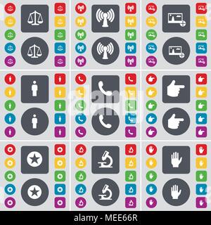 Balances, une connexion Wi-Fi gratuite, Photo, Silhouette, récepteur, la main, Star, microscope, icône main symbole. Un grand ensemble de télévision, boutons de couleur pour votre conception. Je vecteur Illustration de Vecteur
