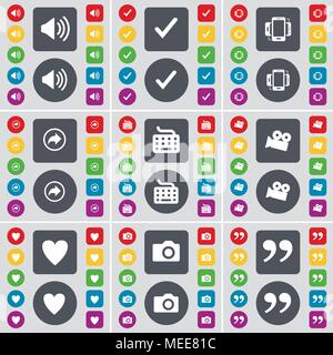 Son, Tick, Smartphone, Retour, clavier, appareil photo, coeur, appareil photo, pour bien marquer le symbole de l'icône. Un grand ensemble de télévision, boutons de couleur pour votre conception. Illustration de Vecteur
