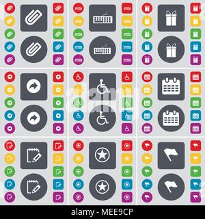 Clip, Clavier, cadeau, Retour, personne handicapée, Calendrier, sondage, Star, icône drapeau symbole. Un grand ensemble de télévision, boutons de couleur pour votre conception. Il vecteur Illustration de Vecteur