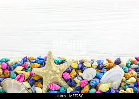 Frontière avec l'étoile de mer et coquillages colorés sur fond de bois blanc Banque D'Images