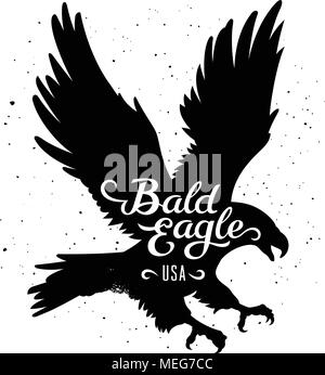 Pygargue à tête blanche silhouette et inscription manuscrite "Bald Eagle USA' / Vector illustration dans le style hipster / T-shirt graphics Illustration de Vecteur