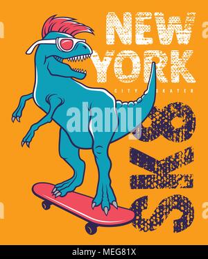 Circonscription de dinosaures sur planche. Vector illustration d'un tyrannosaure drôles avec des lunettes. Skateboard typographie pour t-shirt. Graphiques en t Illustration de Vecteur