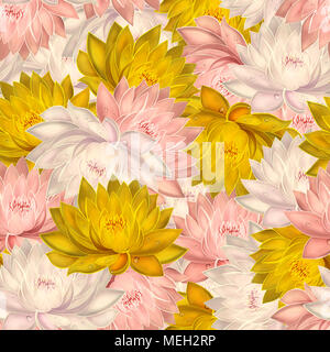 Beau motif transparent avec rose, blanc et jaune nénuphars. Banque D'Images