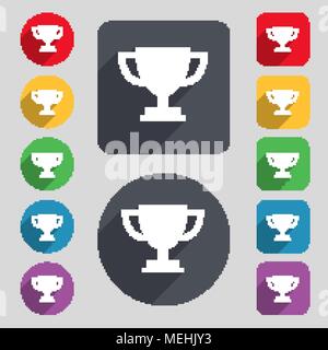 L'icône de la Coupe trophée signe. Un ensemble de 12 boutons de couleur et d'ombre. Modèle plat. Vector illustration Illustration de Vecteur