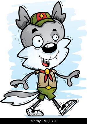 Illustration d'une caricature d'un loup mâle du scoutisme la marche. Illustration de Vecteur