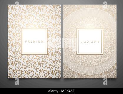 Vector set avec différents modèles d'emballage damassé floral doré de la texture pour produit de luxe. Fond blanc et cadre. Design tendance pour logo Illustration de Vecteur