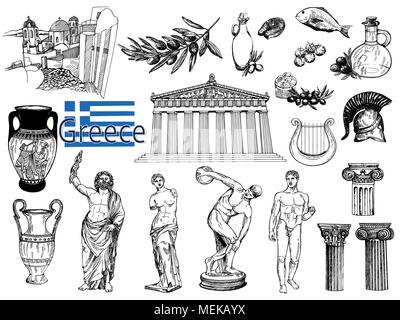 Ensemble de croquis dessinés à la main, objets à thème grec style isolé sur fond blanc. Vector illustration. Illustration de Vecteur